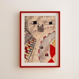 May include: Watercolor painting of a race track framed in a red border. The artwork depicts a race car speeding around a track with red and white barriers. The stands are filled with spectators, and the sky is a light beige color.