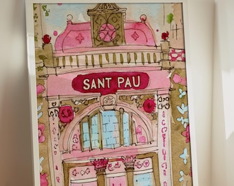Sant Pau Barcelona Wand Kunst Druck, Handgezeichnete Katalonien Aquarell Skizze Wunderbares Zimmer Poster, Rosa Spanische Architektur Wohnung Dekor
