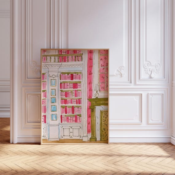 Home Library Art Print, Book Reader Hand Drawn Wall Art, Bookish Sketch Dorm Room Poster, Vintage Rococo Austen Preppy Pink House Decor