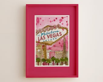 Las Vegas Strip Wand Kunst Druck, handgezeichnete Nevada Aquarell Skizze wunderliches Zimmer Poster, rosa Stadt Straßen Center Portrait Wohnung Dekor