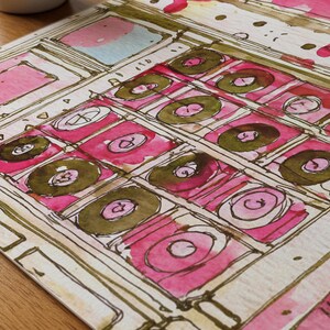 May include: Watercolor artwork featuring a grid of pink and olive green circles and squares. The design has a hand-painted aesthetic with a mix of pink, olive green, and white colors. The artwork is on a light beige background.