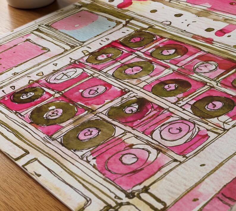 May include: Watercolor artwork featuring a grid of pink and olive green circles and squares. The design has a hand-painted aesthetic with a mix of pink, olive green, and white colors. The artwork is on a light beige background.