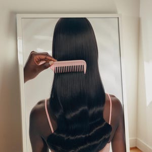 May include: A framed image featuring a person with long, dark hair being combed with a pink comb. The person is wearing a pink top. The image is set against a white background and rests on a wooden floor.