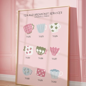 Filiżanki do herbaty Paryżanin plakat, dziewczęcy wózek barowy wydruk artystyczny, preppy pastelowy różowy kuchenny ścienny art, kubki do kawy śniadanie estetyczny wystrój mieszkania