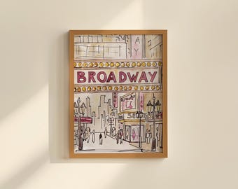Broadway Street New York Art Print, Theater Performer Handdrawn Wall Art, Pink Sketch Dorm Room Poster, Colorful Aesthetic Apartment Decor