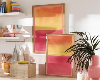 Abstrakte Aura-Sonnenuntergang-Malerei Kunstdrucke, vertikale rosa gelbe Wandkunst mit Farbverlauf, moderne minimalistische Plakate, Midcentury Wohnkultur - 2er-Set