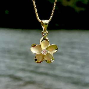 Gold Plumeria Flower Necklace with Cubic Zirconia, 925 Sterling Silver with 18k Gold Plating Flower, Dainty Flower, 18-in Box Chain Included
