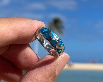 Blue Opal Ring, Sterling Silver Ring, Criss Cross Design Opal Ring, Ocean Blue Opal, Nickel Free, Lead Free, Hypoallergenic