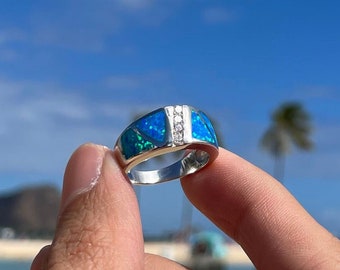 Ring mit blauem Opal, Sterlingsilberring, Zirkonia, Geburtsstein, Geschenk für Ihn, 925er Sterlingsilber, nickelfrei, bleifrei, hypoallergen