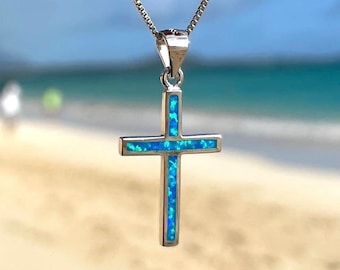 Small Opal Cross Necklace- 925 Sterling Silver Christian Cross Jewelry, Gift for Her, Hawaiian Jewelry, Lanikai Blue Opal Collection