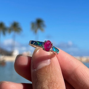 Blue Opal Ring with Red Synthetic Ruby, Princess Cut Design Sterling Silver Opal Ring, 925 Sterling Silver, Lead Free, Hypoallergenic