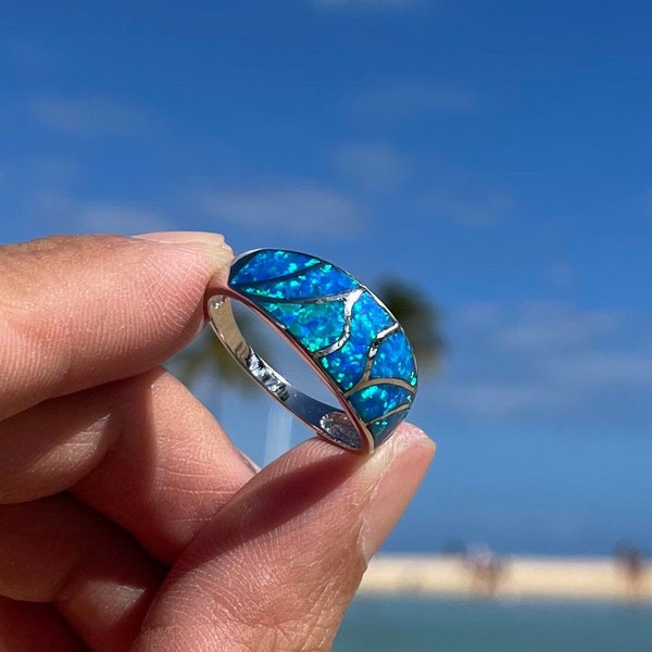 Blue Opal Ring, Sterling Silver Ring, Wavy Inlay Design Opal Ring, Ocean Blue Opal, Birthstone, 925 Sterling Silver, Women's Silver Ring
