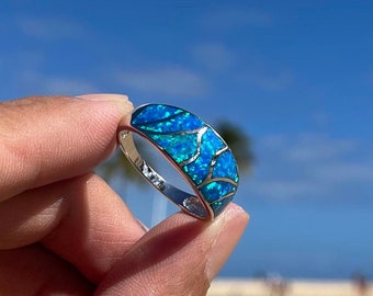 Blue Opal Ring, Sterling Silver Ring, Wavy Inlay Design Opal Ring, Ocean Blue Opal, Birthstone, 925 Sterling Silver, Women's Silver Ring