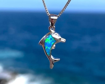 Blue Opal Dolphin Charm Necklace- 925 Sterling Silver, Opal Spinner Dolphin Charm Pendant, Dolphin Charm Necklace, Gift for Her