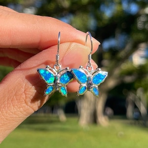 Blue Fire Opal Butterfly Dangle Earrings in 925 Sterling Silver