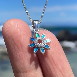 Opal Sunflower Necklace - 11mm, 925 Sterling Silver Pendant, Blue Opal Jewelry, Perfect Gift for Her, Hana Flowers Collection