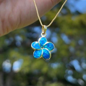 Blue Fire Opal Flower Necklace with 18k Gold Vermeil on 925 Sterling Silver, Hana Flowers, Gift for Her, October Birthstone, 15mm x 15mm