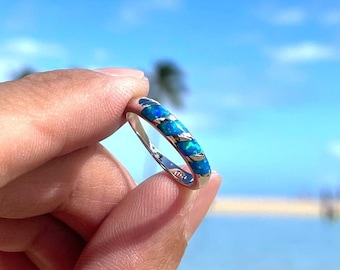 Opal Ring, Sterling Silver Ring, Minimalist Striped Opal Ring, Ocean Blue Opal, 925 Sterling Silver, Nickel Free, Lead Free, Hypoallergenic