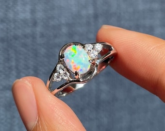 White Fire Opal Ring, Princess Cut / 925 Sterling Silver and White Fire Opal, Diamond-like CZ Gemstones, Gift for Her, Wedding Ring