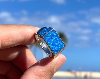 Anillo de ópalo, anillo de piedra natal de plata de ley 925, incrustación de ópalo azul océano, piedra natal, regalo para él, minimalista, sin plomo, hipoalergénico