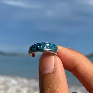 Anillo para el dedo del pie con diseño de olas azules, plata de ley 925, ajustable, estilo hawaiano, sin níquel ni plomo, hipoalergénico.