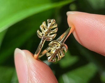 Gold Monstera Leaf Ring / Solid 925 Sterling Silver with Gold Overlay, Hawaiian Jewelry, Adjustable Ring, Hilo Rainforests Collection