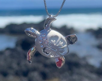 Turtle Necklace, Hibiscus Turtle Necklace with Cubic Zirconia, Pendant Minimalist Turtle Necklace, Gift for Her, Lead Free, Hypoallergenic
