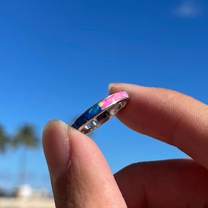 Fire Opal Infinity Ring, Pink White Blue Opal Sterling Silver Ring, Gift for Her, 3mm ring, 925 Solid Sterling Silver, Hypoallergenic