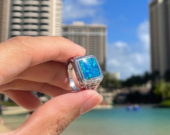 Blue Opal Ring, Sterling Silver Ring, Opal Square Gemstone Ring with CZ, Ocean Opal, Birthstone Ring, 925 Sterling Silver, Hypoallergenic