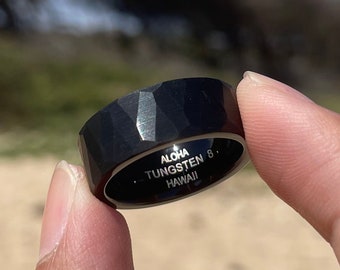 Diamond Cut Black Tungsten Ring - 8mm Comfort Fit Band, Durable Men’s Wedding Ring, Minimalist Jewelry, Kaho'olawe Tungsten Collection