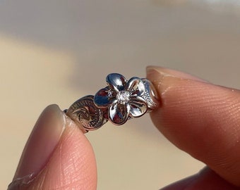 Plumeria Flower Scroll Toe ring W/ CZ, Flower Toe Ring, Silver, Adjustable Toering, Free Size, Open,  Hawaiian Style Jewelry Gift Under 10