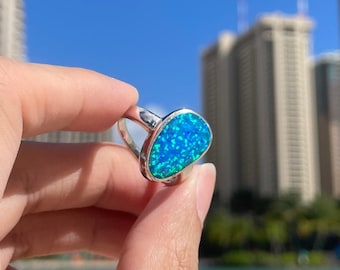 Opal Ring, 925 Sterling Silver Boulder Birthstone Ring, Ocean Blue Opal Inlay Ring, Gift for Him, Minimalist, Lead Free, Hypoallergenic