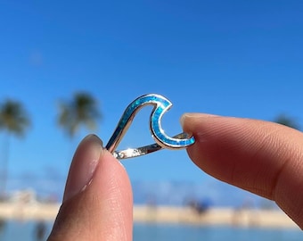Blue Fire Opal Wave Ring in 925 Sterling Silver, Hawaiian Ocean Jewelry
