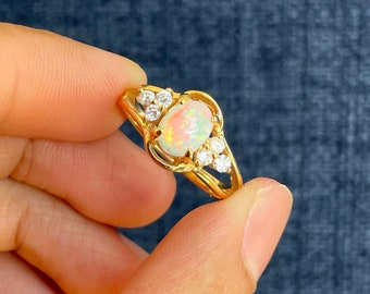 White Fire Gold Opal Ring, Princess Cut / 925 Sterling Silver and White Fire Opal, Diamond-like CZ Gemstones, Gift for Her, Wedding Ring
