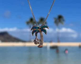 Sterling Silver Palm Tree Pendant With Created Opal - 18" Chain Necklace