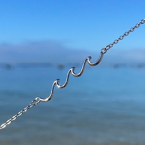 May include: A silver chain necklace with a wave design pendant. The necklace is photographed against a blurred background of a blue ocean and sandy beach.