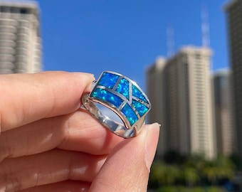 Blauer Opalring, Sterling Silberring, Rechteckiger Opalring, Ozeanblauer Opal, Geburtssteinring, 925 Sterlingsilber, hypoallergen