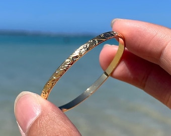 Gold Baby Bangle-  Stackable, Hamilton Gold Scroll Bracelet, Gift for Her, Hawaiian Jewelry, 3 mm, Size 4.5" to 6.5"