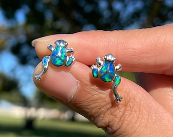 Blue Fire Opal Lucky Frog Earrings - 925 Sterling Silver, Studs, Hypoallergenic, Nature-Inspired Jewelry, Perfect Gift for Her, Lucky Frog