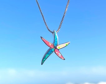 Multicolor Opal Starfish Necklace- 925 Sterling Silver Starfish Pendant, Fire Opal,  Hawaiian Jewelry, Gift for Her, Moloka'i Reefs