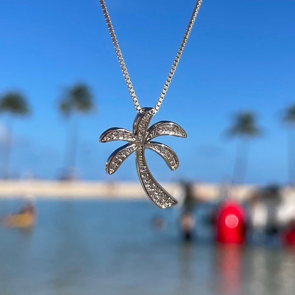 Palm Tree Necklace with Box Chain, Minimalist Palm Tree Necklace, Island Inspired Jewelry, Gift for Her