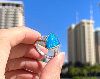 Opal Ring, 925 Sterling Silver Boulder Birthstone Ring, Ocean Blue Opal Inlay Ring, Gift for Him, Minimalist, Lead Free, Hypoallergenic