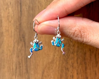 Blue Fire Opal Lucky Frog Earrings - 925 Sterling Silver, Dangling Earrings, Hypoallergenic, Nature-Inspired Jewelry