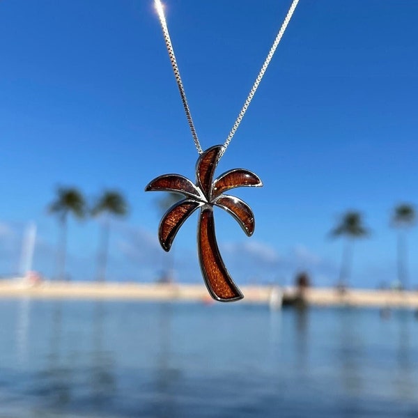 Palm Tree Necklace, Coconut Koa Wood Necklace with Silver Box Chain, Island Inspired Jewelry, Gift for Her