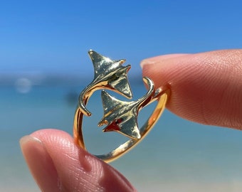Gold Manta Ray Ring - 925 Sterling Silver with 18k Gold Overlay, Twin Manta Rays, Adjustable Ring, Au'au Channel Whales Collection