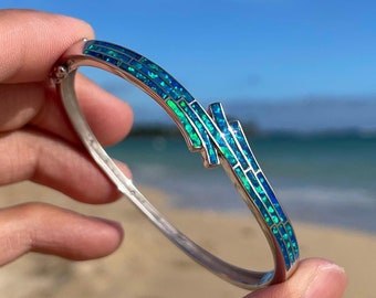 Blue Fire Opal Wave Bangle - 925 Sterling Silver Curling Waves