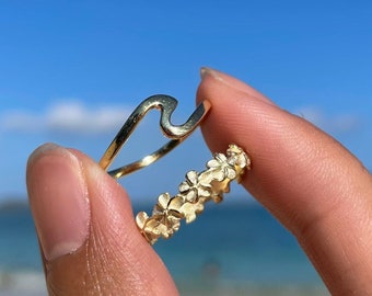 Plumeria Flower and Classic Wave Double Ring Set, Gift under 20, Gift for Her Stackable Ring Set- Gold Color