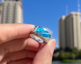 Blauer Opalring, Sterling Silberring, Rechteckiger Opalring, Ozeanblauer Opal, Geburtssteinring, 925 Sterlingsilber, hypoallergen