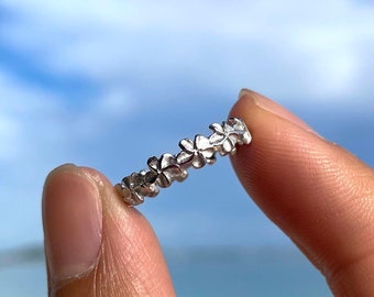 Flower Band Ring, Silver Plumeria Lei Ring, Gift under 10, Gift for Her Stackable Ring