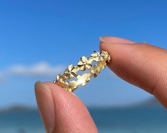 Gold Plumeria Flower Ring, Band Ring Lei Ring Gift, Gift for Her Stackable Ring- Gold Plated